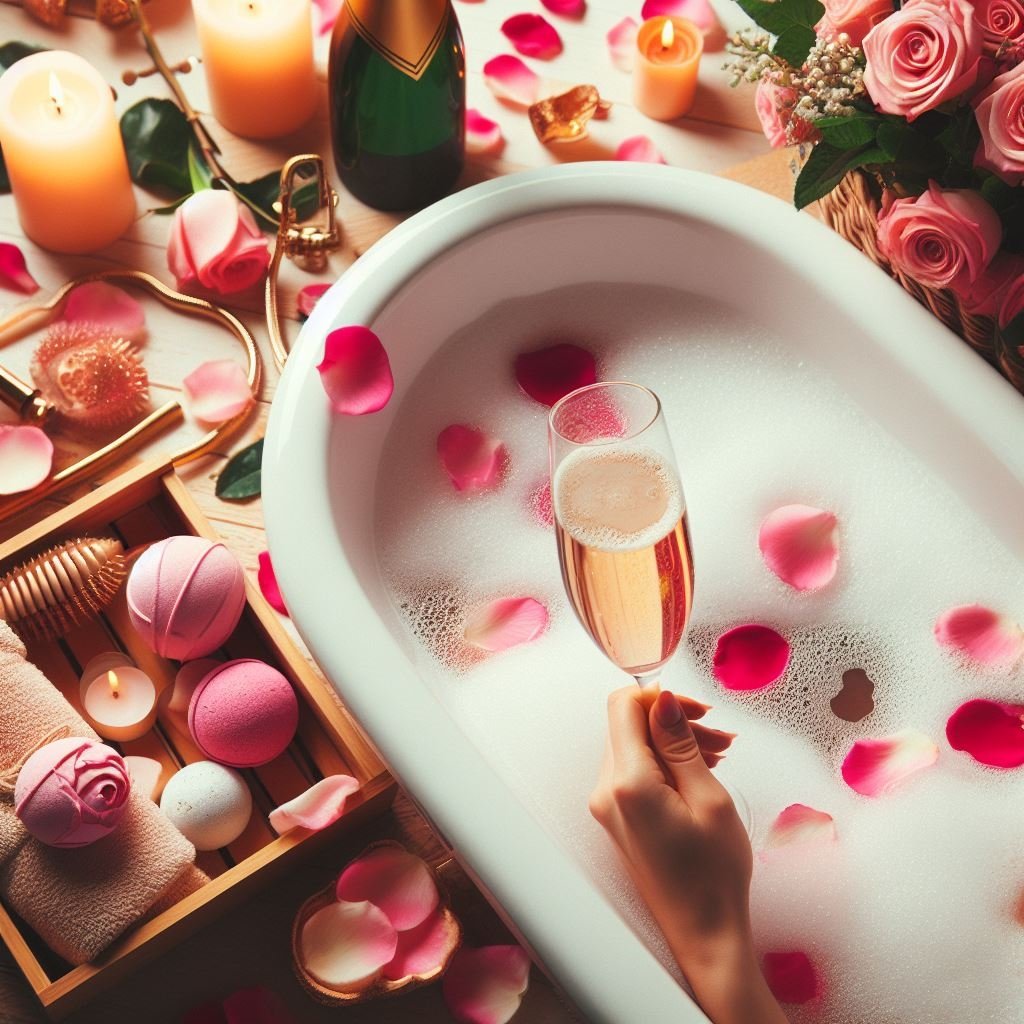Draw a warm bubble bath with rose petals or bath bombs. Sip champagne or sparkling water whil